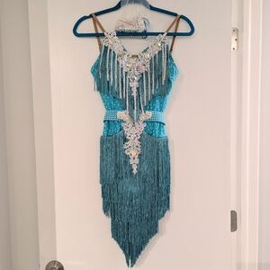 NWT BEAUTIFUL Rhinestone Embellished Fringe Latin Ballroom Performance Dress